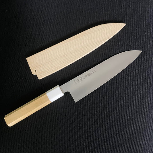 sakai kitchen〈堺キッチン〉【高橋楠】一刀齋虎徹 INOX和三徳 青森ヒバ八角人工大理石口輪柄 170mm　青森ヒバ鞘付